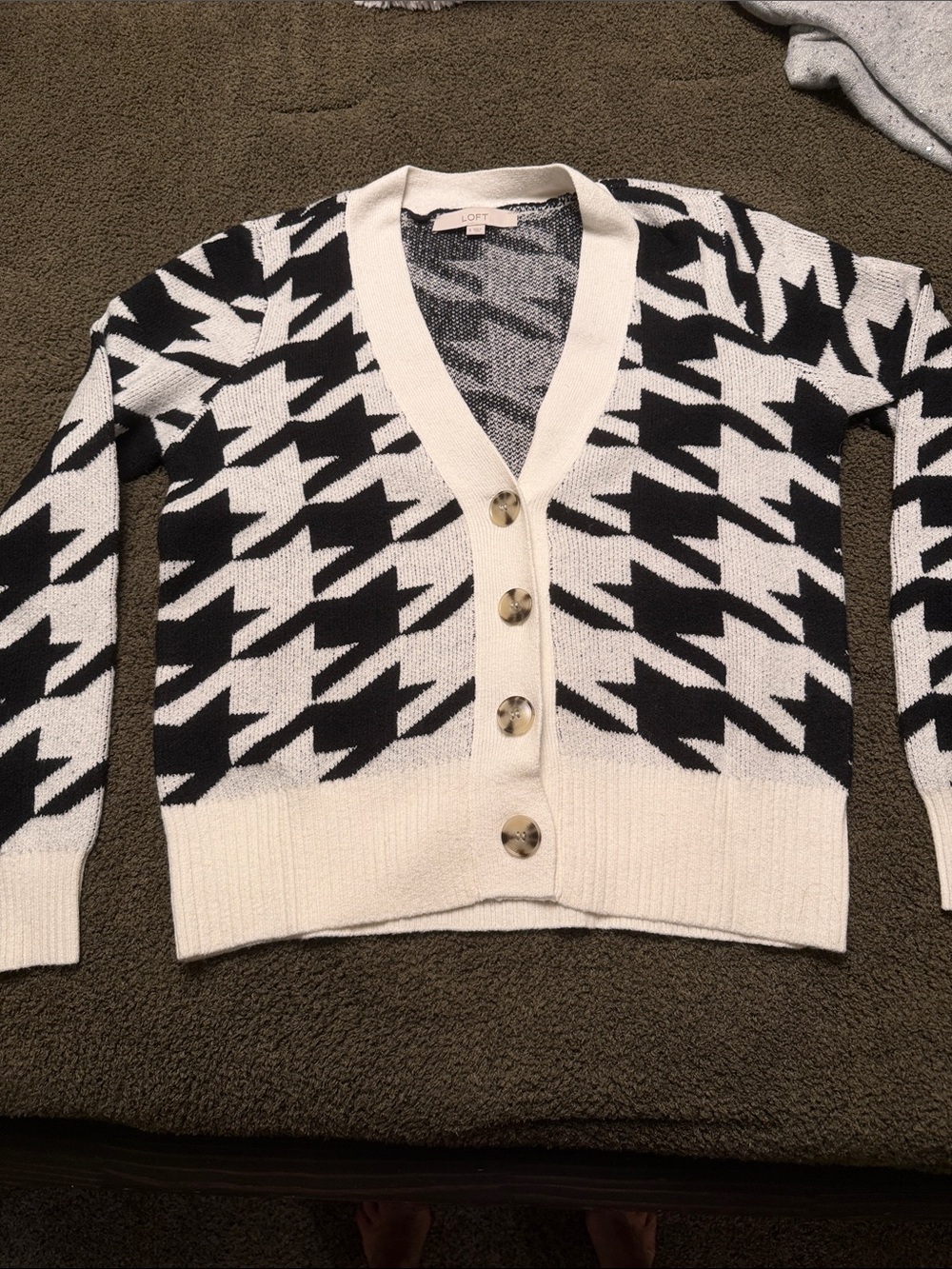 LOFT Black and Cream Houndstooth V-Neck Button Cardigan